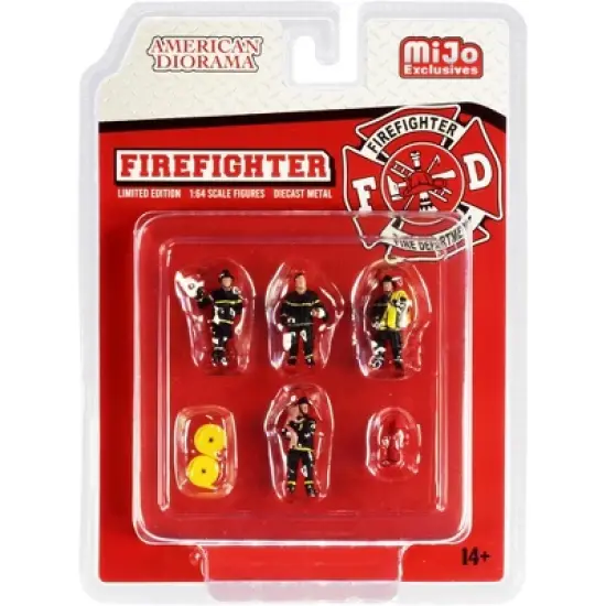 "Firefighter" 7 piece Diecast Set (4 Figurines and 3 Accessories) for 1/64 Scale Models by American Diorama image {2}