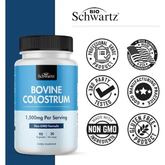 Bovine Colostrum Supplement, Grass Fed Colostrum Capsules from Bovine First Milking,  Supports Gut Health & Immunity, Bioschwartz, 90ct image {4}