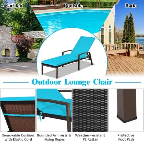 Costway Patio Rattan Lounge Chair Chaise Recliner Back Adjustable w/Cushion Turquoise image {5}