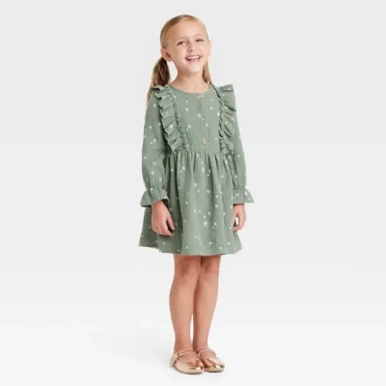Grayson Collective Toddler Girls' Snowflake Gauze Ruffle Long Sleeve Dress - Green image {6}