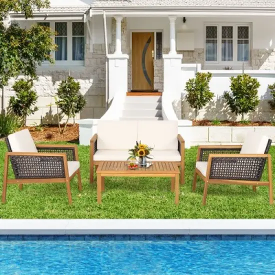 Tangkula 8PCS Patio Acacia Wood Furniture Set PE Rattan Conversation Set w/ Off White Cushions image {2}