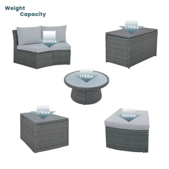 FIONECA 10-Piece Outdoor Sectional Half-Round Patio Rattan Sofa Set, Light Gray PE Wicker Conversation Furniture, Modular Combination image {6}
