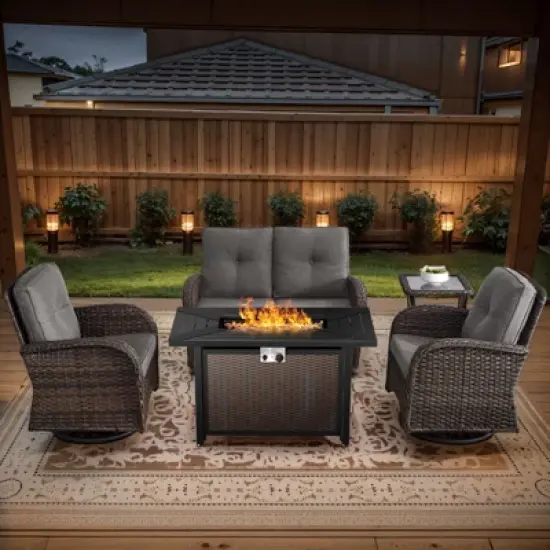 Belord 43" Propane Fire Pit Table Set Patio Furniture Set with Glider Loveseat, Brown Wicker Deep Seating Patio Swivel Rocker Glider Chairs image {18}