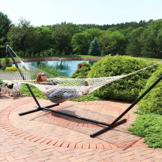 Sunnydaze Outdoor 2-Person Double Cotton Rope Hammock with Wood Spreader Bar and 15ft Black Steel Stand image {2}