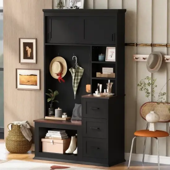 FURNIinspire Hall Trees Clothes Rack Hat Organizer Coat Rack Entryway Bench With 3 Shelves, Drawers, 3 Hooks For Hallway, Black, 16.5"*40.2"*71.3" image {1}