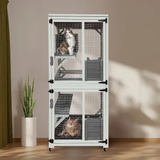 Gulches 30.7" Wooden Catio Outdoor Cat Enclosure, Luxury Cat House on Wheels, 4 Platforms & Weatherproof Asphalt Roof, Large Cat Condo Cage image {2}