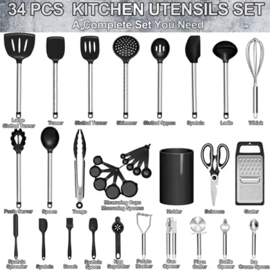 Itopfox 34-Piece Silicone Kitchen Utensil Set for Nonstick Cookware with Stainless Steel Handles, Includes Spatulas, Spoons, Tongs & More image {2}