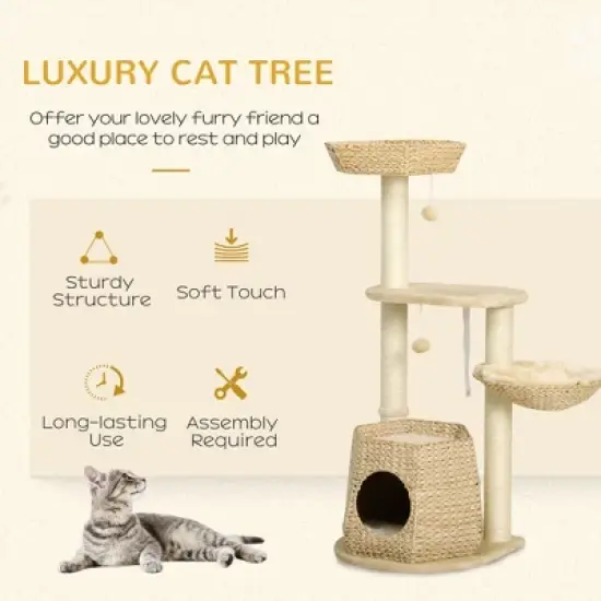 SKYONE 47" Natural Cat Tree with Sisal Scratching Posts, Soft Cushion Beds, Multi-Level Platforms, image {3}