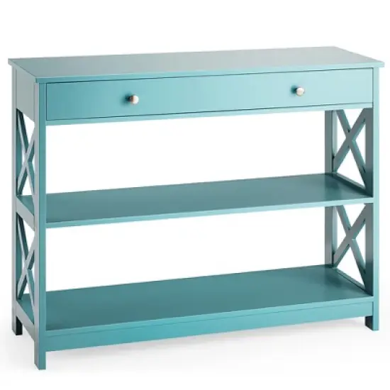 Costway 3-Tier Console Table X-Design Sofa Entryway Table with Drawer & Shelves Gray\ Espresso image {14}