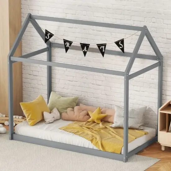 Okak Twin House-Shaped Roof Wooden Bed Frame,Modern Floor Bed for Toddlers/Kids Bedroom image {5}