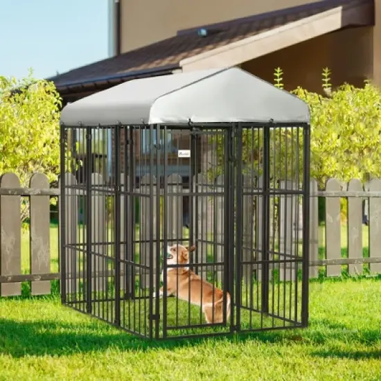 PawHut Covered Dog Playpen for Large & Medium Size Breeds, Outdoor Enclosure, Locking Exercise Kennel with Heavy-Duty Metal Frame, Black image {2}