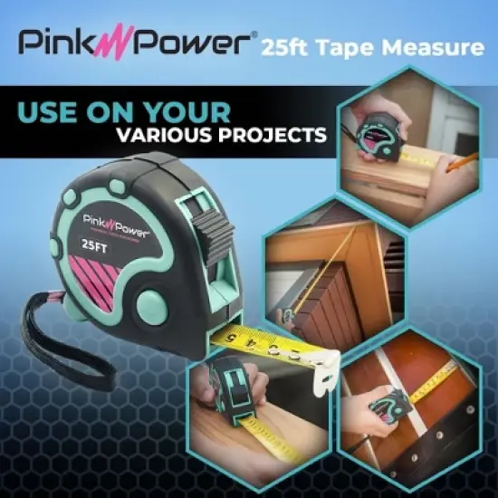 Pink Power 25 Ft Tape Measure with Fractions - Blue Heavy-Duty Small Measuring Tape Retractable with Easy-Read Markings, Self Centering Return image {2}