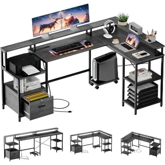 L Shaped Office Desk - 76" Reversible L Shaped Computer Desk Office Desk with Power Outlet and File Drawer Gaming Desk with Monitor Shelf Desk image {9}