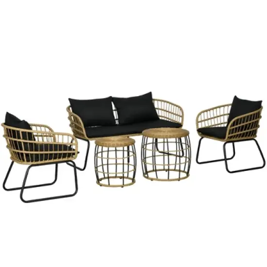 Outsunny 5 Piece PE Rattan Outdoor Furniture Set with Cushioned Chairs, Loveseat Sofa & Stackable Coffee Tables image {3}