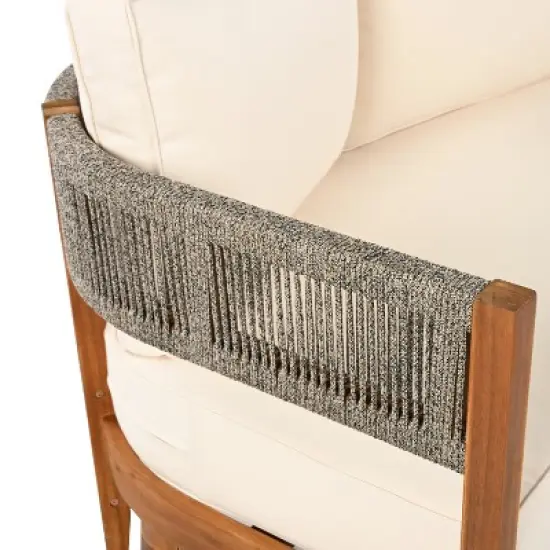 Christopher Knight Home Robin 76" Patio Rustic Rope Weave Acacia Wood 3-Seater Sofa with Cushions image {7}