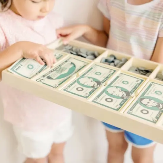 Melissa & Doug Play Money Set - Educational Toy With Paper Bills and Plastic Coins (50 of each denomination) and Wooden Cash Drawer for Storage image {6}