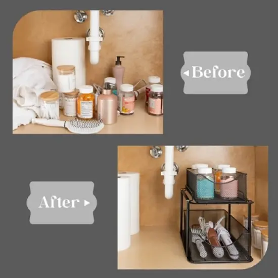 Sorbus 2 Pack 2 Tier Baskets with Mesh Sliding Drawers - Ideal Cabinet, Under the Sink, etc - Great for Bathroom, Kitchen, Office, etc. image {6}