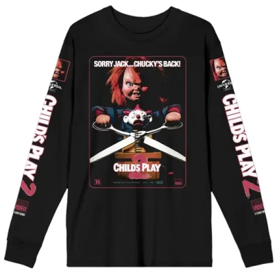 Chucky Child's Play 2 VHS Cover Art Crew Neck Long Sleeve Men's Black Tee image {3}