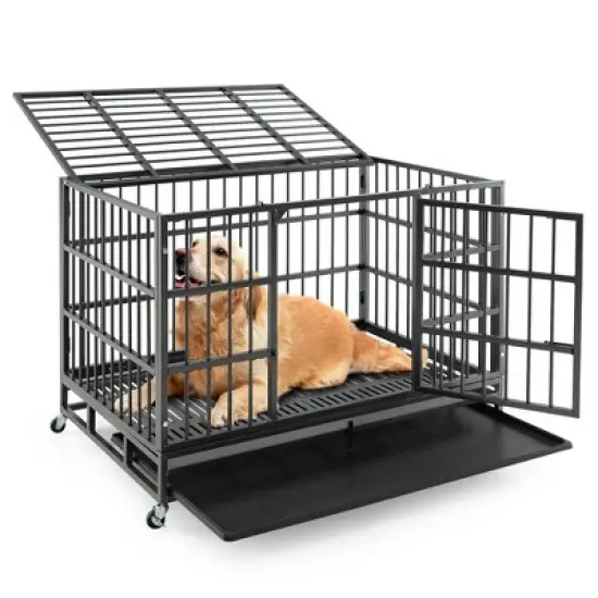 Tangkula 48" Foldable Heavy-Duty Metal Dog Cage W/ Lockable Rolling Casters Black image {10}