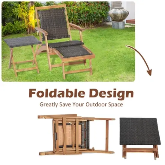 Costway 4PCS Patio Rattan Folding Lounge Chair Table Acacia Wood withRetractable Footrest image {6}