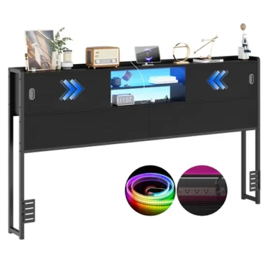 Aheaplus King Headboard with Storage Cabinet, Headboard with Sliding Doors, Charging Station image {6}