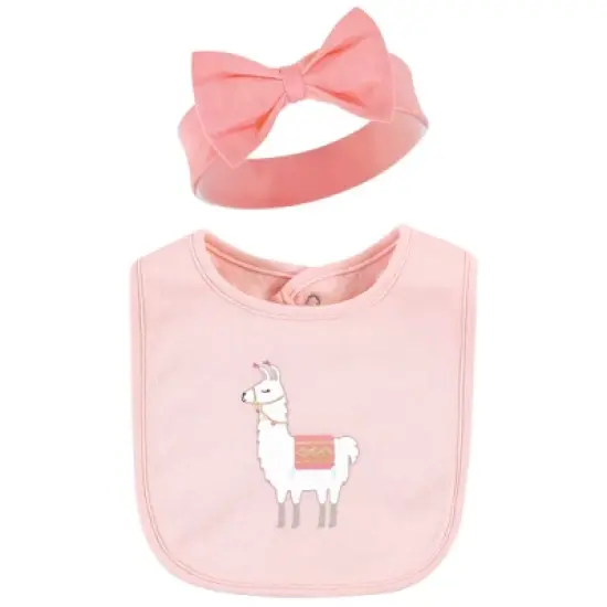 Hudson Baby Infant Girl Cotton Bib and Headband or Caps Set, Llama, One Size image {2}