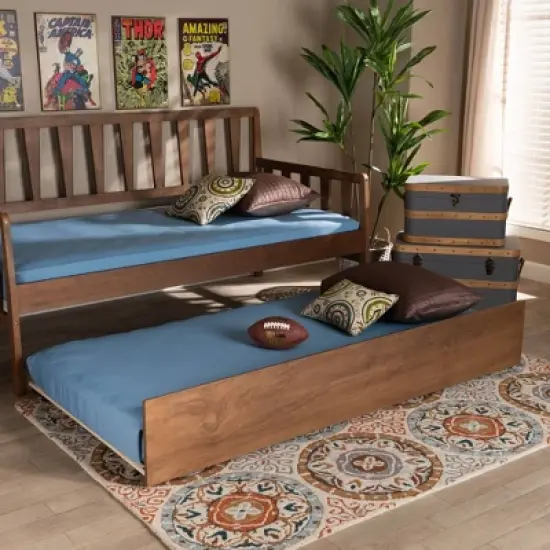 Twin Midori Wood Trundle Bed Walnut - Baxton Studio image {3}
