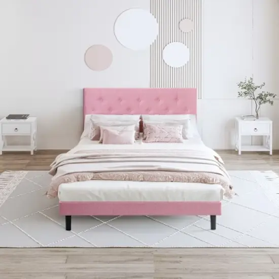 Okak Modern Platform Bed Frame with Upholstered with Linen Fabric Button Tufted Headboard Wood Slats No Box Spring Needed Easy Assembly image {5}