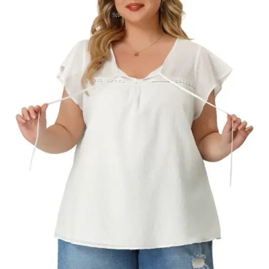 Agnes Orinda Women's Plus Size Blouses Casual Tie Neck Lace Insert Summer Ruffle Sleeve Tops image {1}