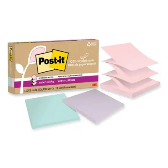 Post-it Notes Super Sticky 100% Recycled Paper Super Sticky Notes, 3" x 3", Wanderlust Pastels, 70 Sheets/Pad, 6 Pads/Pack image {4}