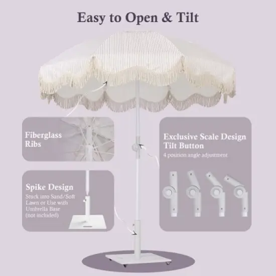 LAGarden Fringe Patio Umbrella with Base Included Tripod Stand Tilt Outdoor Beach for Sand Shadewith Bag image {2}