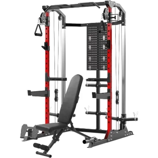 Power Cage Home Rack, 2000LB Squat Rack, Dual Pulley Cable Crossover System,Multi-Function Free Weight Gym Workout Machine with Bench Attachments Red image {8}