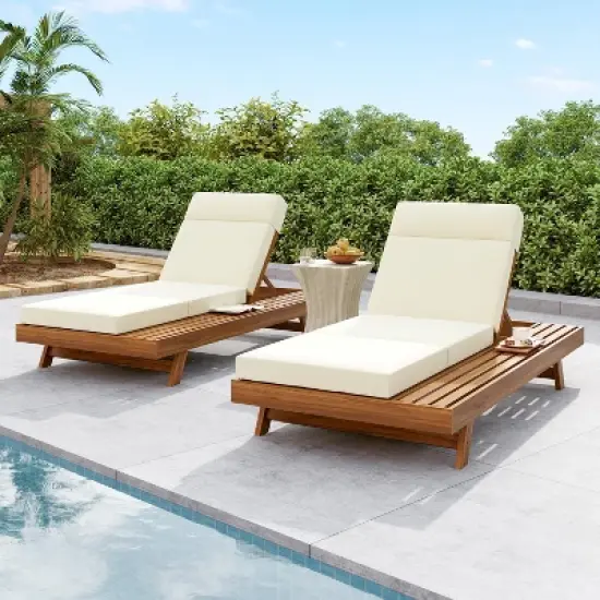 Christopher Knight Home Darla Outdoor Acacia Wood Adjustable Chaise Lounge with Water-Resistant Cushions (Set of 2) image {9}