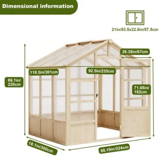 8x8FT Outdoor Wooden Greenhouse with Lockable Door Adjustable Vent Polycarbonate Panels Heavy Duty Garden Yard Greenhouse Light Brown image {3}