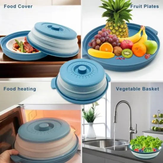 Itopfox Microwave Food Cover with Handle - Collapsible Vented Silicone Splash Guard & Tray for Heating, Doubles as Draining Basket for Washing Fruits image {3}
