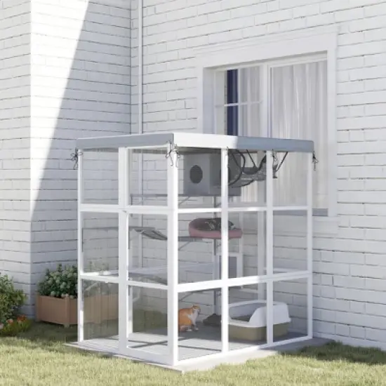 PawHut Outdoor Catio Cat Enclosure, Large Luxury Walk in Cat House with Hammock, Condo, Jump Platforms, Ladders, Ramps, Tarp, for 2-4 Cats, Gray, 71" image {5}