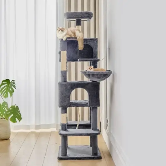 JIONJOY 66" Multi-Level Cat Tree - 2 Large Condos, Sisal Scratching Posts & Hammock, Stable Indoor Cat Tower-Dark Grey image {2}