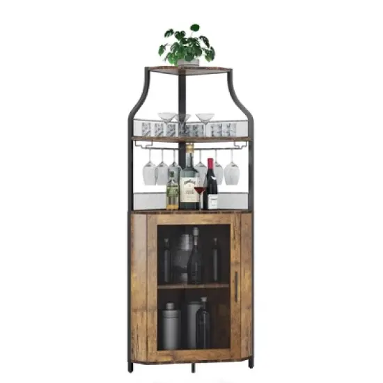 5-Tier Corner Bar Cabinet with Glass Holder & Barn Door, Farmhouse Liquor Storage with Adjustable Shelf for Kitchen, Dining Room, Home Bar, Retro image {7}