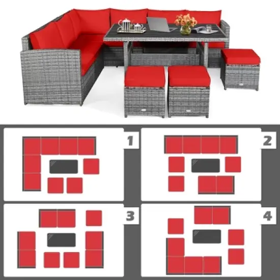 Tangkula 7PCS Rattan Patio Sectional Sofa Set Conversation Set w/ Red Cushions image {5}