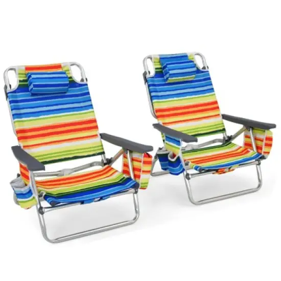 Gymax 2-piece Beach Chair Set 5 Adjustable Position Reclining Chairs Folding Backpack Chairs Cup Holders Storage Bag Towel Bar and Iced Bag Set of 2 image {4}