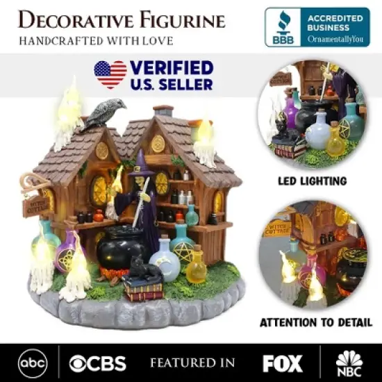 Enchanted Witch Cottage Lighted Figurine, 10" LED Halloween Decor Statue with Cauldrons and Ravens| OrnamentallyYou image {1}