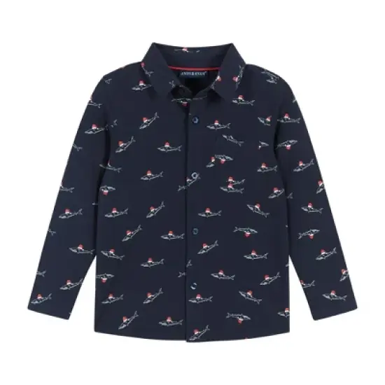 Andy & Evan  Infant  Boys Navy Holiday Sharks Knit Pique Buttondown Set image {2}