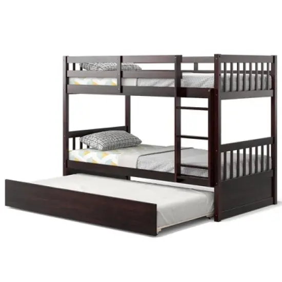 Costway Twin Over Twin Bunk Bed with Twin Trundle Solid Wood Frame Espresso/White image {10}