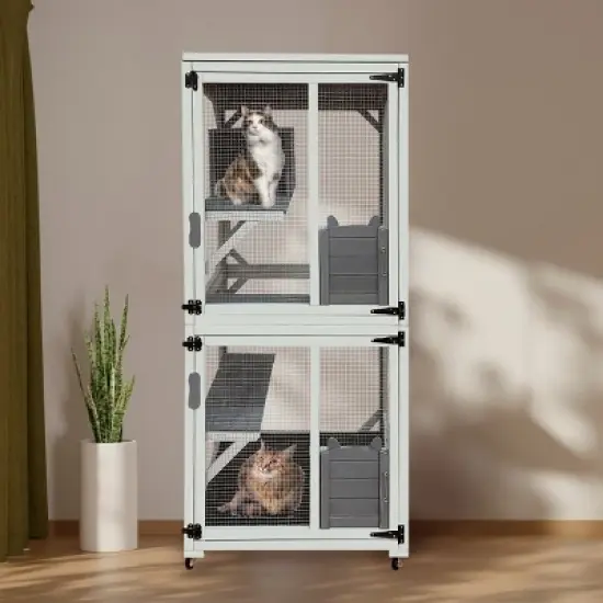 30"Wx71"H Wooden Outdoor Cat Enclosure With 4 Platforms,Waterproof Top And Sliding Doors,Cat House On Wheels With Napping,Cat Shelter -Maison Boucle image {1}