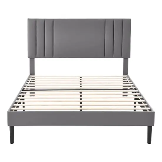 BIKAHOM Mid-Century Tufted Faux Leather Upholstered Platform Bed Frame w/Adjustable Height Headboard, Wooden Slats & No Box Spring Needed image {1}
