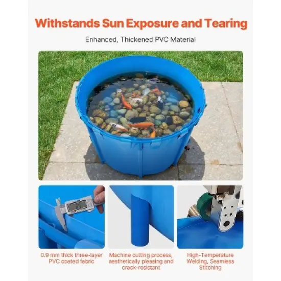 VEVOR Canvas Fish Pond, 448.8 Gal Capacity Above Ground Fish Pond, Foldable PVC Koi Tank, Round Goldfish Tank with Stable Frame and Drain Valve,Blue image {2}