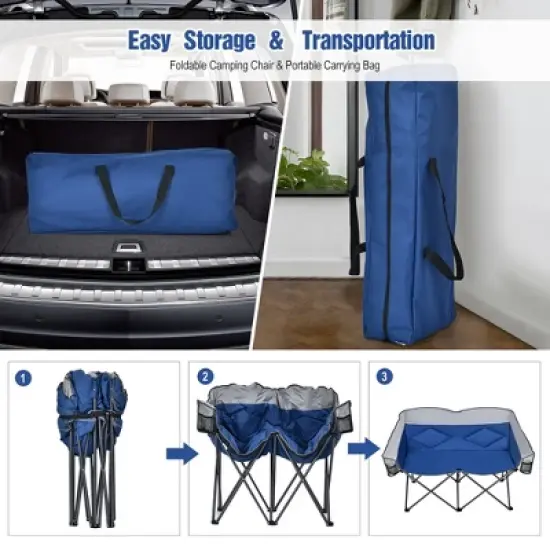 Costway Folding Camping Chair Loveseat Double Seat w/ Bags & Padded Backrest Gray\Blue image {5}