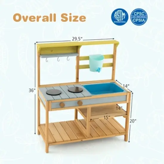 Costway Wooden Play Kitchen Set, Outdoor Kid's Mud Kitchen with Faucet & Water Box image {2}
