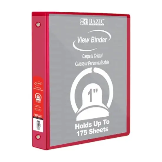 BAZIC Products 3-Ring View Binder with 2 Pockets, 1", Red, Pack of 6 image {1}