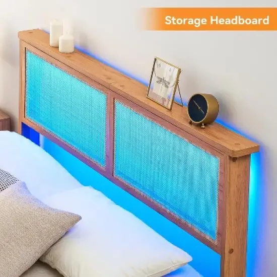 Rattan Bed Frame with Natural Rattan Headboard, Queen Bed Frame with LED Lights, Rattan Queen Bed Frame with Headboard image {5}